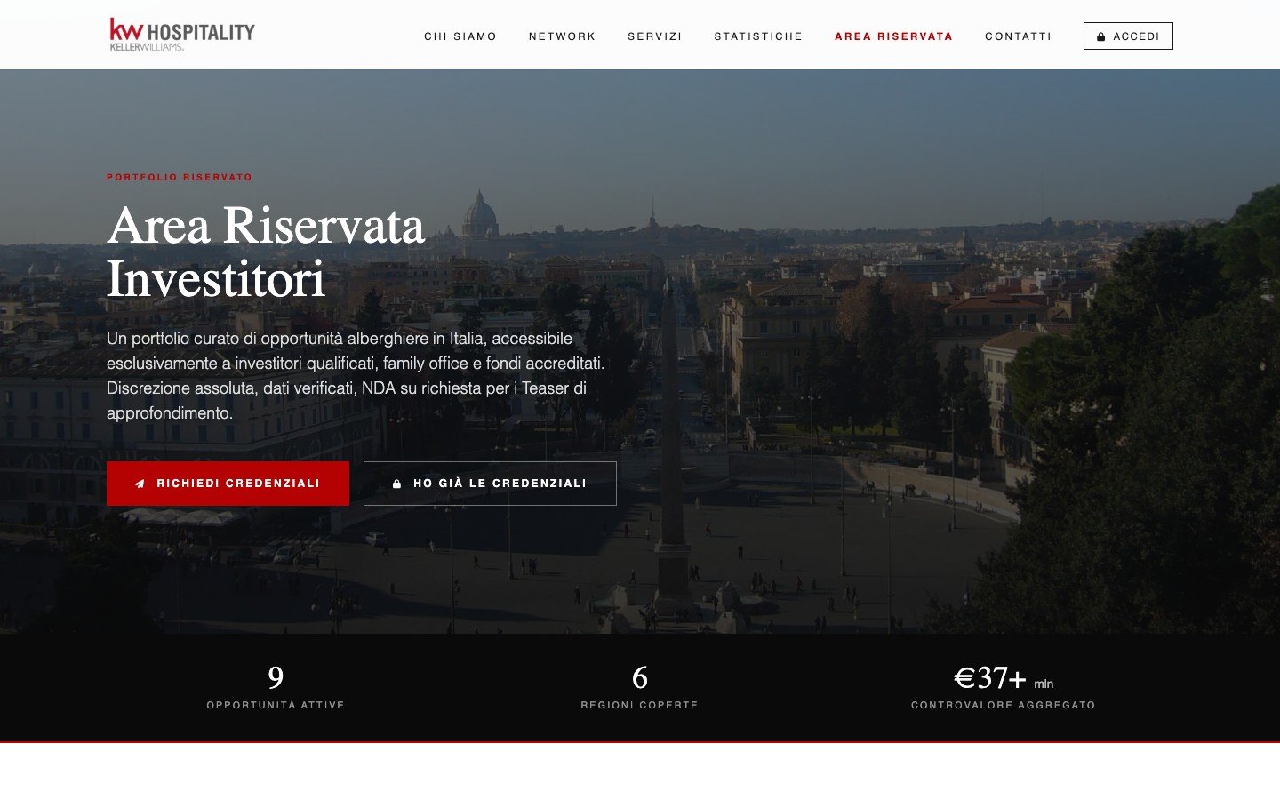 Anteprima dell'Area Riservata KW Hospitality — portfolio investitori